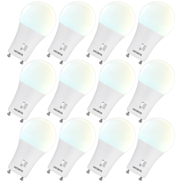 Luxrite A19 GU14 LED Light Bulbs 9W 60W Equivalent 800LM 5CCT 2700K-5000K Dimmable GU24 Base, 12PK LR21466-12PK - main